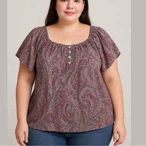 CHAPS Ralph Lauren paisley short sleeve top cotton blend pink blue size 3X